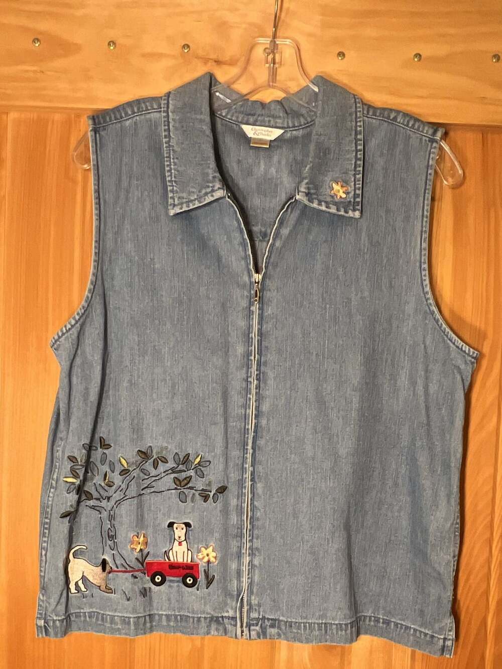 Christopher & Banks Vintage Denim Dog Embroidery Full Zip Vest Size L